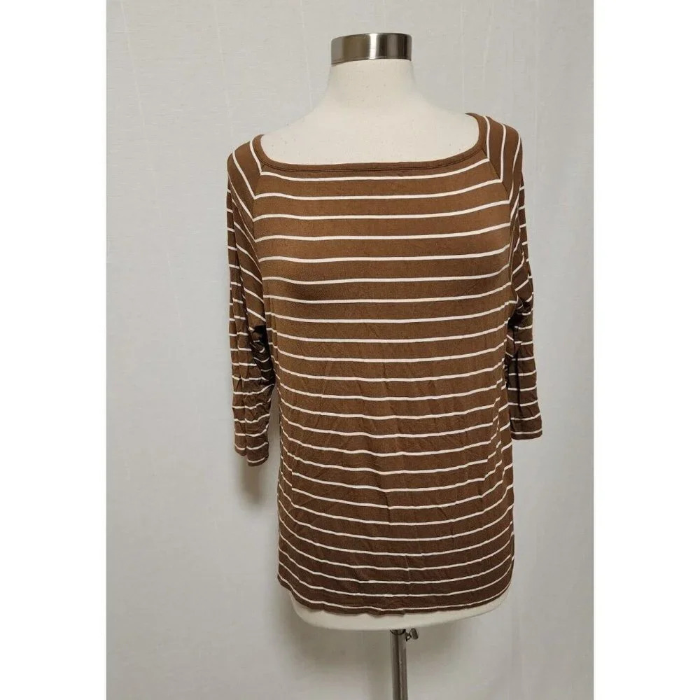 Chicos Womens Size 3 T Shirt Brown Stripes 3/4‎ Sleeves